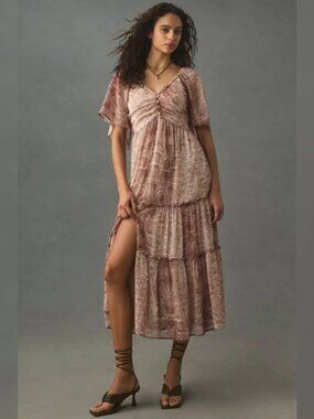 Anthropologie Short-Sleeve Tiered Midi Dress Sz Small